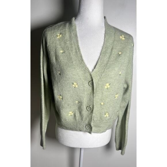 MNG Mango Green Knit Blend Medium V-Neck Button-Up Floral Embroidery Cardigan - Picture 1 of 12